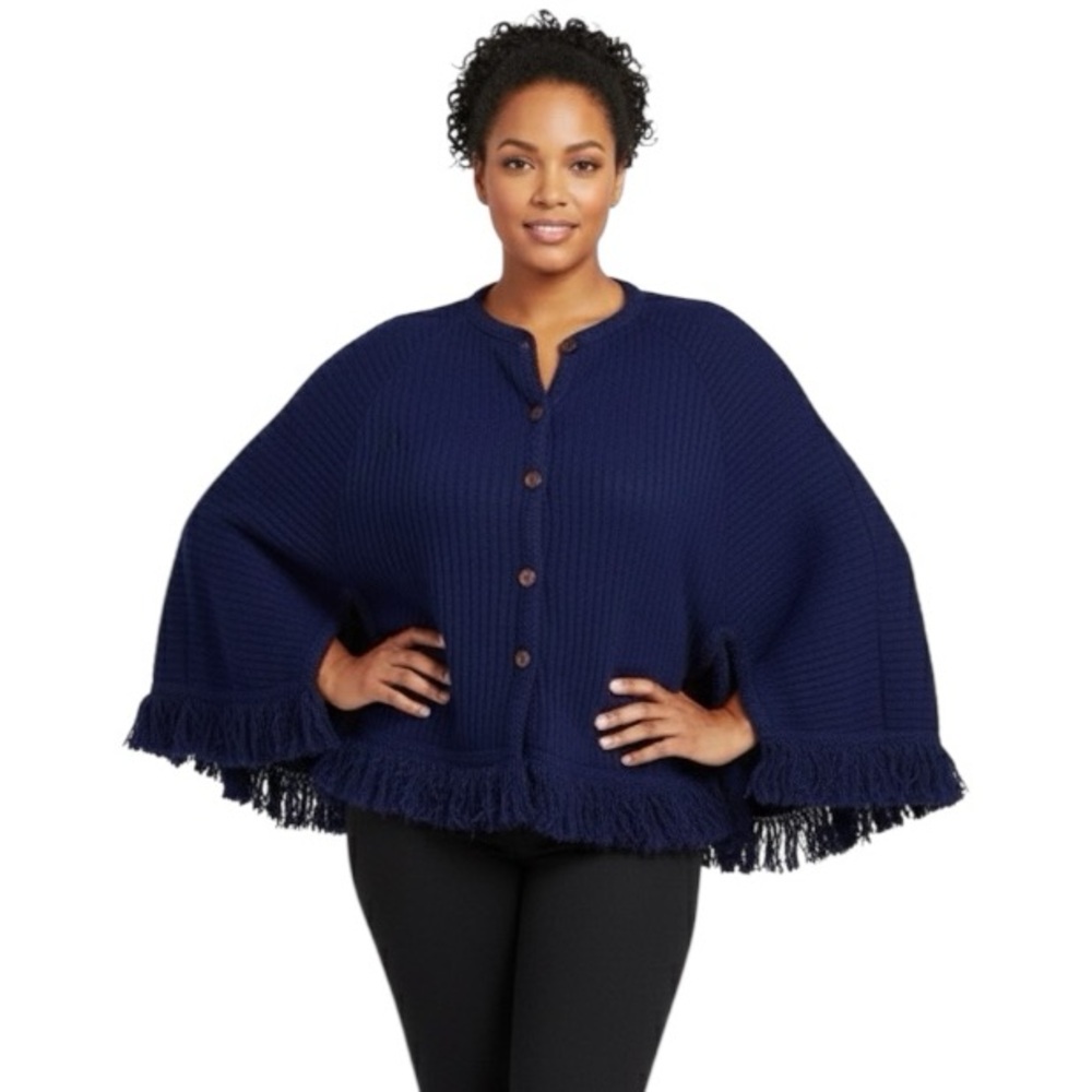 Lane Bryant vintage knit sweater top Navy Royal cape Women's Poncho Fringe plus